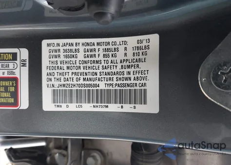 2013 Honda Insight Ex из США, поврежденный, VIN JHMZE2H70DS005004